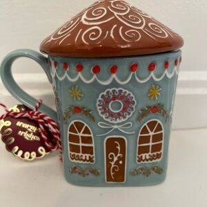 NWT Anthropologie Gingerbread Ginger Mug Christmas House Lid Holiday Mint Blue